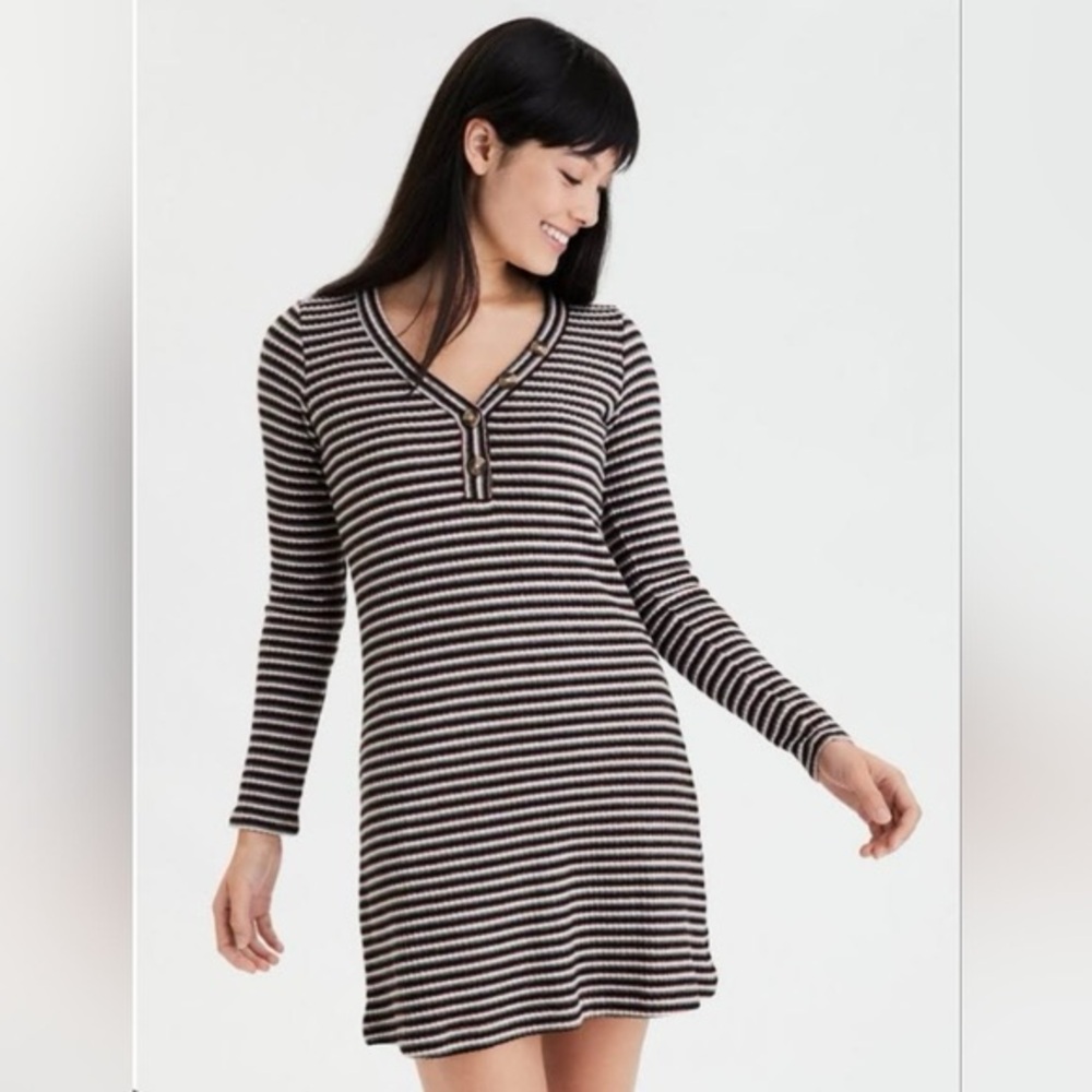 American Eagle Soft Ribbed Knit Retro Striped Sweater Dress